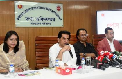 Information and Broadcasting Minister Andaleeve Rahman speaks at a weekly briefing on the progress of various government activities at the PID conference room in the Secretariat on Tuesday. P